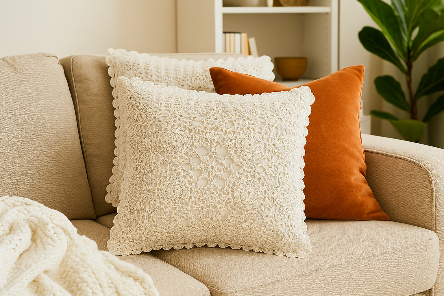 Hand woven Crochet Cushion Cover ,Off-White , (16" x 16") - The Ultimate Neutral Texture Quantity-1 Piece