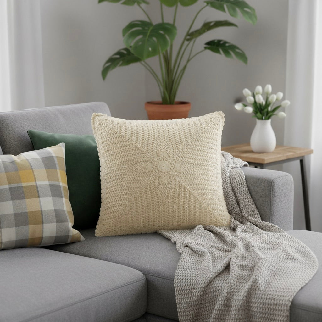 Hand woven Crochet Cushion Cover Off-White (16" x 16") - The Ultimate Neutral Texture Quantity- 1 Piece