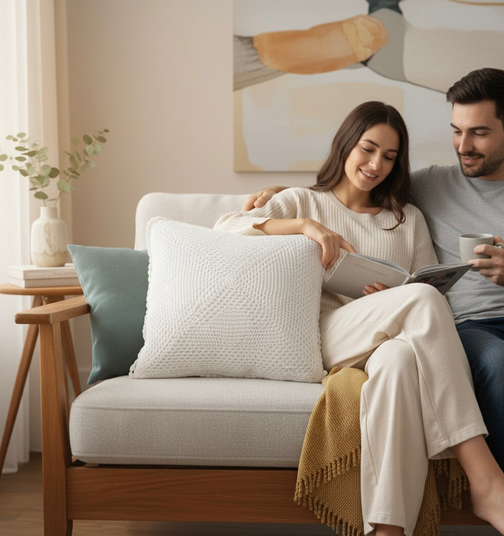 Hand woven Crochet Cushion Cover Off-White  (16" x 16") - The Ultimate Neutral Texture, Quantity-1 Piece