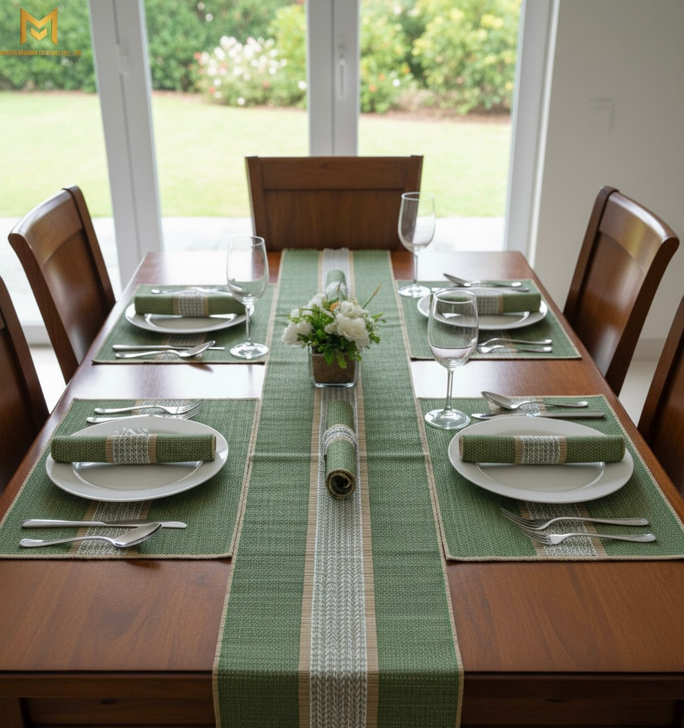 Handmade Dinning Table Runner and Placemat set ( 1 Runner + 4 Placemat  in Green Set Of 1 Eco Friendly Table ware hand woven Natural Grass  Runner Size 60 x 18 inches , Placemat size 12 x 18 Inches