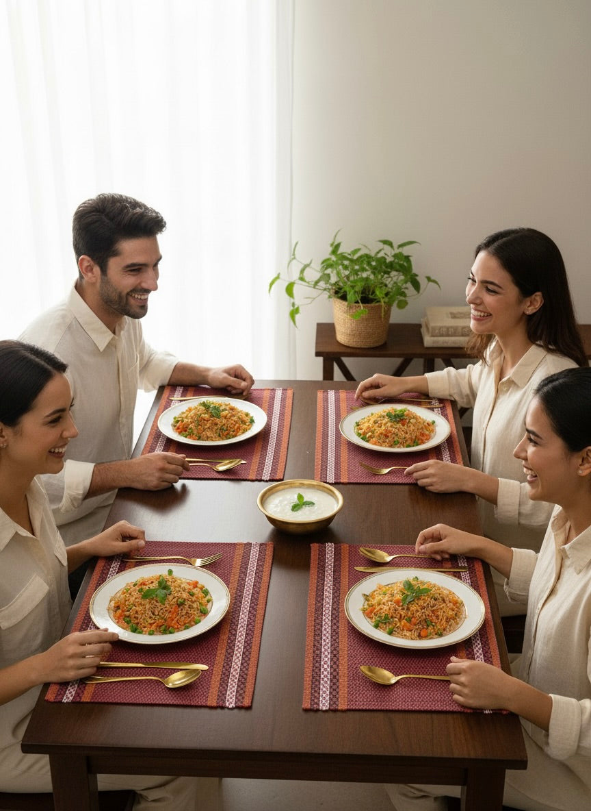 Hand Woven Dining Table Mat in Red colour Set of 4 Mat Size Length x width 12 x 18 inches