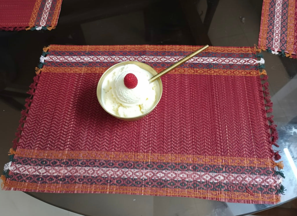 Hand Woven Dining Table Mat in Red colour Set of 4 Mat Size Length x width 12 x 18 inches