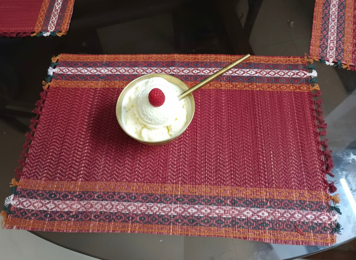 Hand Woven Dining Table Mat in Red colour Set of 4 Mat Size Length x width 12 x 18 inches